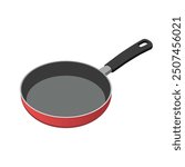 Empty iron frying pan. Cooking fryer pan in red colour vector illustration.