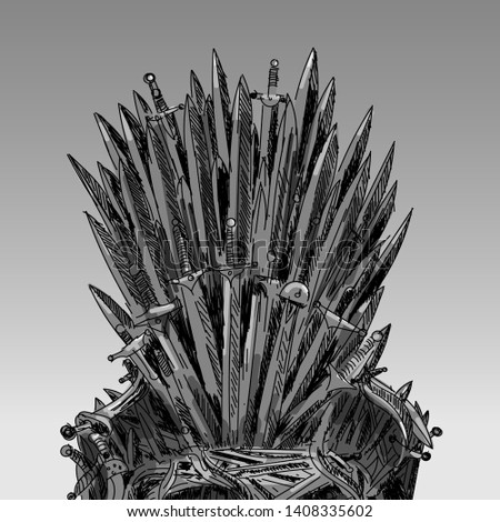 Empty iron throne cartoon style. Freehand drawing fantasy chair made of antique swords or metal blades, medieval chair built of weapon. Vector illustration. Isolated on white background.