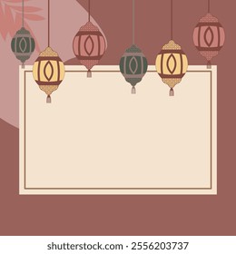 Empty Islamic Greeting Card Frame Background with Lantern Decoration