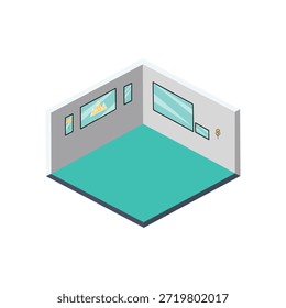 Leeres isometrisches Rauminnere mit Teal-Boden, grauen Wänden und Hängerahmen. Perfekte 3D-Vorlage für Innenarchitektur und Möbelplatzierung