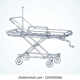 Empty iv camp pram litter on white room background. Line black ink hand drawn healthcare injured surgeon box object logo pictogram sketch in modern art doodle cartoon style pen on paper space for text