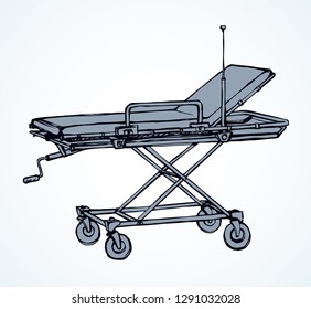 Empty iv camp pram litter on white room background. Line black ink hand drawn healthcare injured surgeon box object logo pictogram sketch in modern art doodle cartoon style pen on paper space for text