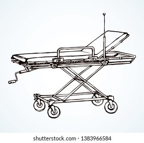 Empty iv camp pram litter on white room background. Line black ink hand drawn healthcare injured surgeon box object logo pictogram sketch in modern art doodle cartoon style pen on paper space for text