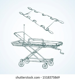 Empty iv camp pram litter on white room background. Line black ink hand drawn healthcare injured surgeon box object logo pictogram sketch in modern art doodle cartoon style pen on paper space for text