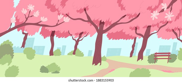 Empty japanese park during cherry blossom season. Picturesque landscape of beautiful trees with pink flowers. Sakura blooming at springtime. Hanami festival time. Flat vector illustration