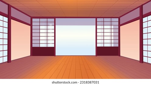 Empty japanese room with a big window.  Cartoon style