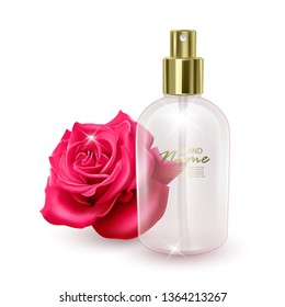 An empty jar for perfume a jar on the background of a red rose, realistic illustration, Can be template for your brand