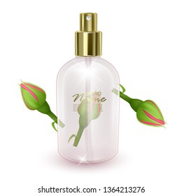 An empty jar for perfume a jar on the background of a red roses, realistic illustration, Can be template for your brand