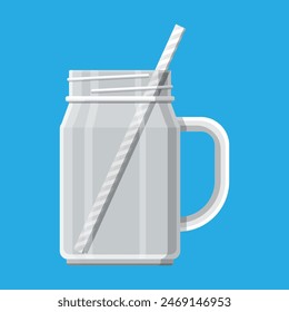 Empty jar for smoothies with striped straw. Glass for cocktails with handle. Without transparency. Vector illustration in flat style