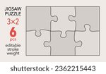 Empty jigsaw puzzle grid template, 3x2 shapes, 6 pieces. Separate matching irregularly elements. Flat vector illustration layout, every piece is a single shape.
