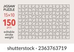 Empty jigsaw puzzle grid template, 15x10 shapes, 150 pieces. Separate matching irregularly elements. Flat vector illustration layout, every piece is a single shape.