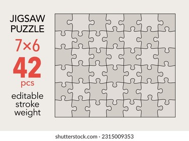 Empty jigsaw puzzle grid template, 7x6 shapes, 42 pieces. Separate matching puzzle elements. Flat vector illustration layout, every piece is a single shape.