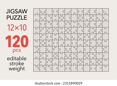 Empty jigsaw puzzle grid template, 12x10 shapes, 120 pieces. Separate matching puzzle elements. Flat vector illustration layout, every piece is a single shape.