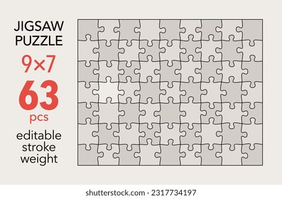 Empty jigsaw puzzle grid template, 9x7 shapes, 63 pieces. Separate matching puzzle elements. Flat vector illustration layout, every piece is a single shape.