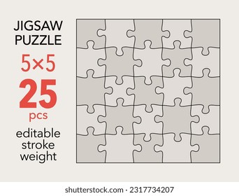 Empty jigsaw puzzle grid template, 5x5 shapes, 25 pieces. Separate matching puzzle elements. Flat vector illustration layout, every piece is a single shape.