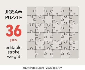 Plantilla de cuadrícula de rompecabezas vacía, formas 6x6, 36 piezas. Elementos del rompecabezas coincidentes separados. Diseño de ilustración de vector plano, cada pieza es una única forma.