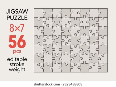 Empty jigsaw puzzle grid template, 8x7 shapes, 56 pieces. Separate matching puzzle elements. Flat vector illustration layout, every piece is a single shape.