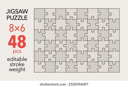 Empty jigsaw puzzle grid template, 8x6 shapes, 48 pieces. Separate matching puzzle elements. Flat vector illustration layout, every piece is a single shape.