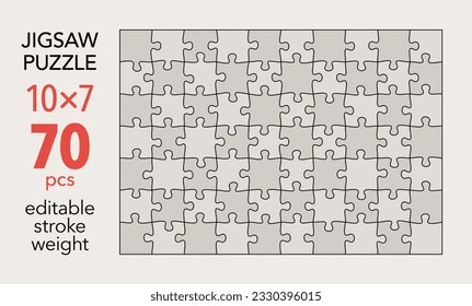 Empty jigsaw puzzle grid template, 10x7 shapes, 70 pieces. Separate matching puzzle elements. Flat vector illustration layout, every piece is a single shape.