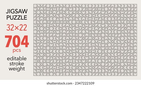 Empty jigsaw puzzle grid template, 32x22 shapes, 704 pieces. Separate matching puzzle elements. Flat vector illustration layout, every piece is a single shape.