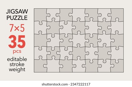 Empty jigsaw puzzle grid template, 7x5 shapes, 35 pieces. Separate matching puzzle elements. Flat vector illustration layout, every piece is a single shape.