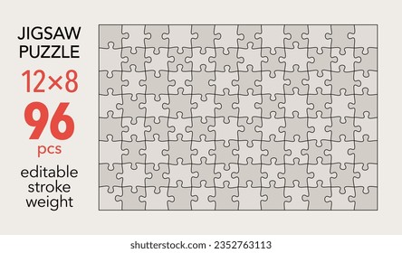 Plantilla de cuadrícula de rompecabezas vacía, formas 12x8, 96 piezas. Elementos del rompecabezas coincidentes separados. Diseño de ilustración de vector plano, cada pieza es una única forma.