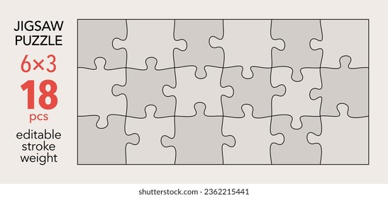 Empty jigsaw puzzle grid template, 6x3 shapes, 18 pieces. Separate matching irregularly elements. Flat vector illustration layout, every piece is a single shape.