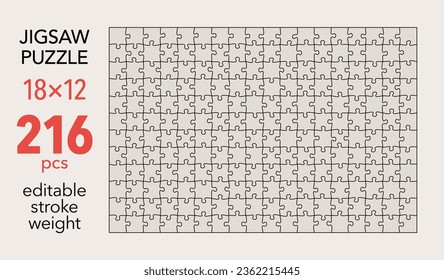 Empty jigsaw puzzle grid template, 18x12 shapes, 216 pieces. Separate matching irregularly elements. Flat vector illustration layout, every piece is a single shape.