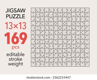 Empty jigsaw puzzle grid template, 13x13 shapes, 169 pieces. Separate matching irregularly elements. Flat vector illustration layout, every piece is a single shape.