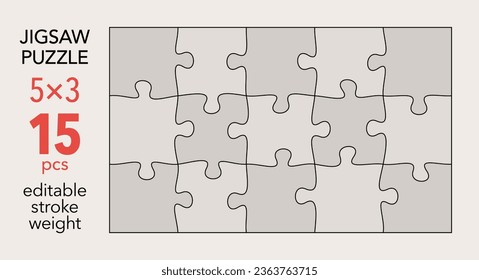 Plantilla de cuadrícula de rompecabezas vacía, formas 5x3, 15 piezas. Separe los elementos coincidentes de forma irregular. Diseño de ilustración de vector plano, cada pieza es una única forma.