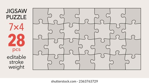 Empty jigsaw puzzle grid template, 7x4 shapes, 28 pieces. Separate matching irregularly elements. Flat vector illustration layout, every piece is a single shape.