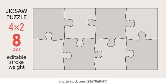 Empty jigsaw puzzle grid template, 4x2 shapes, 8 pieces. Separate matching irregularly elements. Flat vector illustration layout, every piece is a single shape.