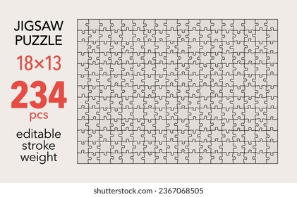 Empty jigsaw puzzle grid template, 18x13 shapes, 234 pieces. Separate matching irregularly elements. Flat vector illustration layout, every piece is a single shape.