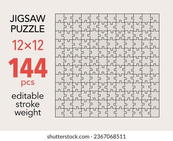 Empty jigsaw puzzle grid template, 12x12 shapes, 144 pieces. Separate matching irregularly elements. Flat vector illustration layout, every piece is a single shape. svg