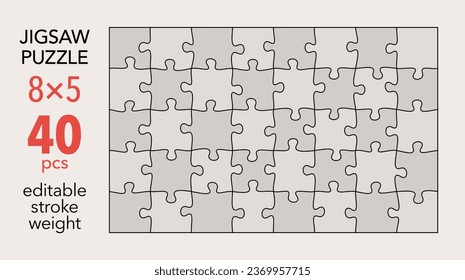 Empty jigsaw puzzle grid template, 8x5 shapes, 40 pieces. Separate matching irregularly elements. Flat vector illustration layout, every piece is a single shape.