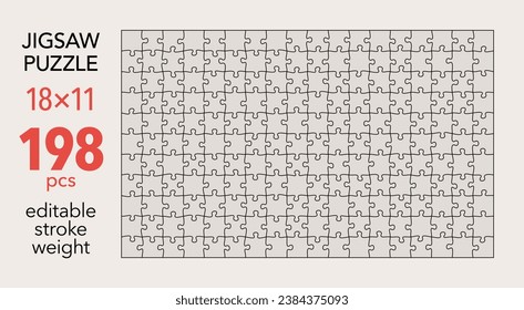 Empty jigsaw puzzle grid template, 18x11 shapes, 198 pieces. Separate matching irregularly elements. Flat vector illustration layout, every piece is a single shape.