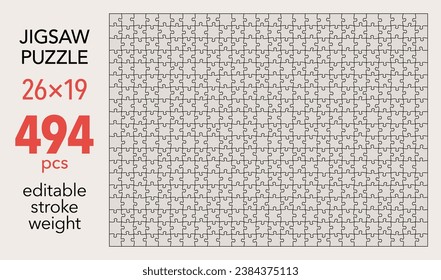 Empty jigsaw puzzle grid template, 26x19 shapes, 494 pieces. Separate matching irregularly elements. Flat vector illustration layout, every piece is a single shape.