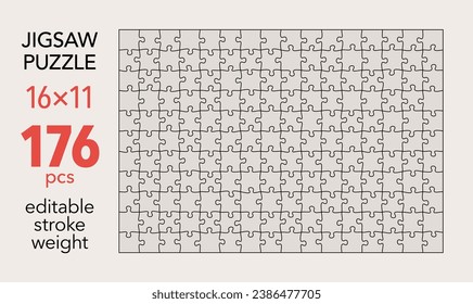 Empty jigsaw puzzle grid template, 16x11 shapes, 176 pieces. Separate matching irregularly elements. Flat vector illustration layout, every piece is a single shape.