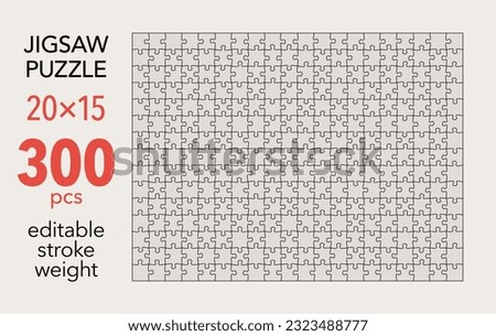 Empty jigsaw puzzle grid template, 20x15 shapes, 300 pieces. Separate matching puzzle elements. Flat vector illustration layout, every piece is a single shape.