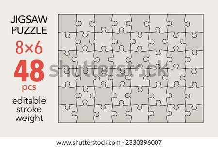 Empty jigsaw puzzle grid template, 8x6 shapes, 48 pieces. Separate matching puzzle elements. Flat vector illustration layout, every piece is a single shape.