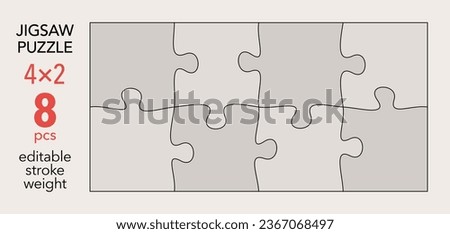 Empty jigsaw puzzle grid template, 4x2 shapes, 8 pieces. Separate matching irregularly elements. Flat vector illustration layout, every piece is a single shape.