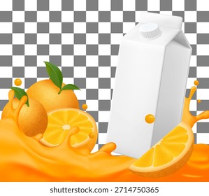 Empty juice carton with splashes of orange juice, including whole and half oranges. Suitable for Orange juice packaging advertising on a transparent background.