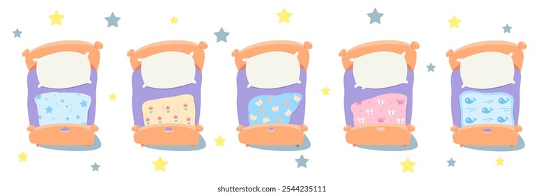 Empty kids beds set. Night children bedroom in kindergarten or nursery with pastel colored bedclothes with patterns for boys and girls. Vector illustration on transparent background with stars.