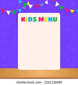 Empty kids menu blank template. Food festival, birthday party or kindergarten cafe banner with holiday flags garland, vector background