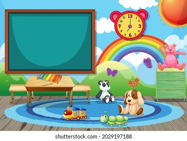 Empty kindergarten classroom interior with chalkboard and kid toys illustration