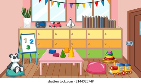 Empty Kindergarten Classroom Interior With Many Kid Toys Illustration