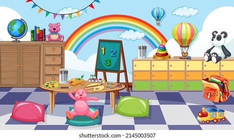 Empty kindergarten classroom interior with many kid toys illustration