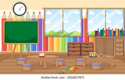 Empty Kindergarten Room With Classroom Objects And Interior Decoration Illustration