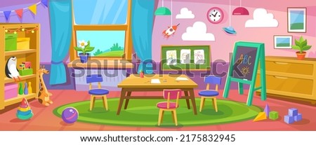 Empty kindergarten room or nursery interior design with toys and furniture. Inside a kid's room for games with a blackboard, cubes, table, rocket and penguin. Cartoon style vector illustration.