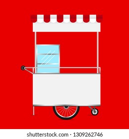 empty kiosk red background, template blank of kiosk wheels cart stock clip art, kiosk empty for design of market and exterior symbol, market food outdoor set, wheels cart kiosk for business small shop